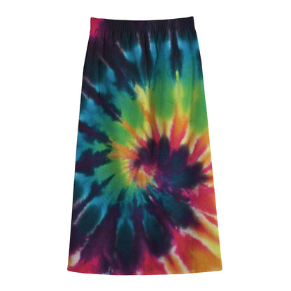 Black And Rainbow Tie Dye Print Cotton Front Slit Maxi Skirt