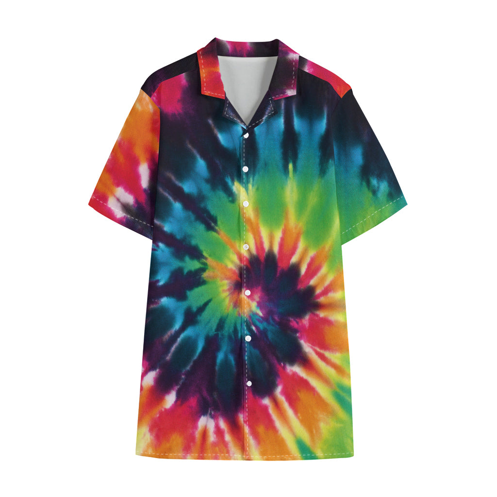 Black And Rainbow Tie Dye Print Cotton Hawaiian Shirt