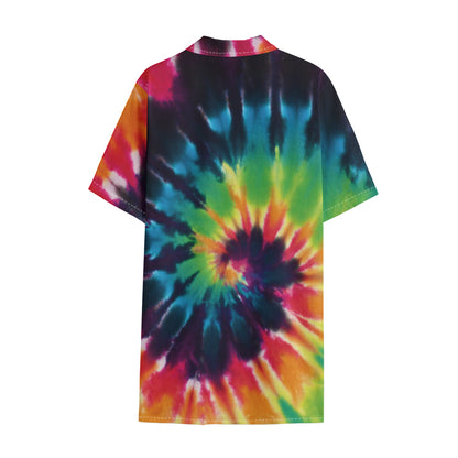 Black And Rainbow Tie Dye Print Cotton Hawaiian Shirt