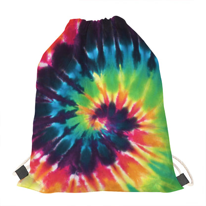 Black And Rainbow Tie Dye Print Drawstring Bag