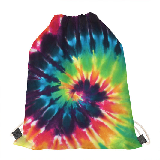 Black And Rainbow Tie Dye Print Drawstring Bag