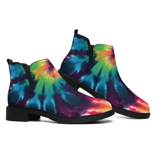 Black And Rainbow Tie Dye Print Flat Ankle Boots