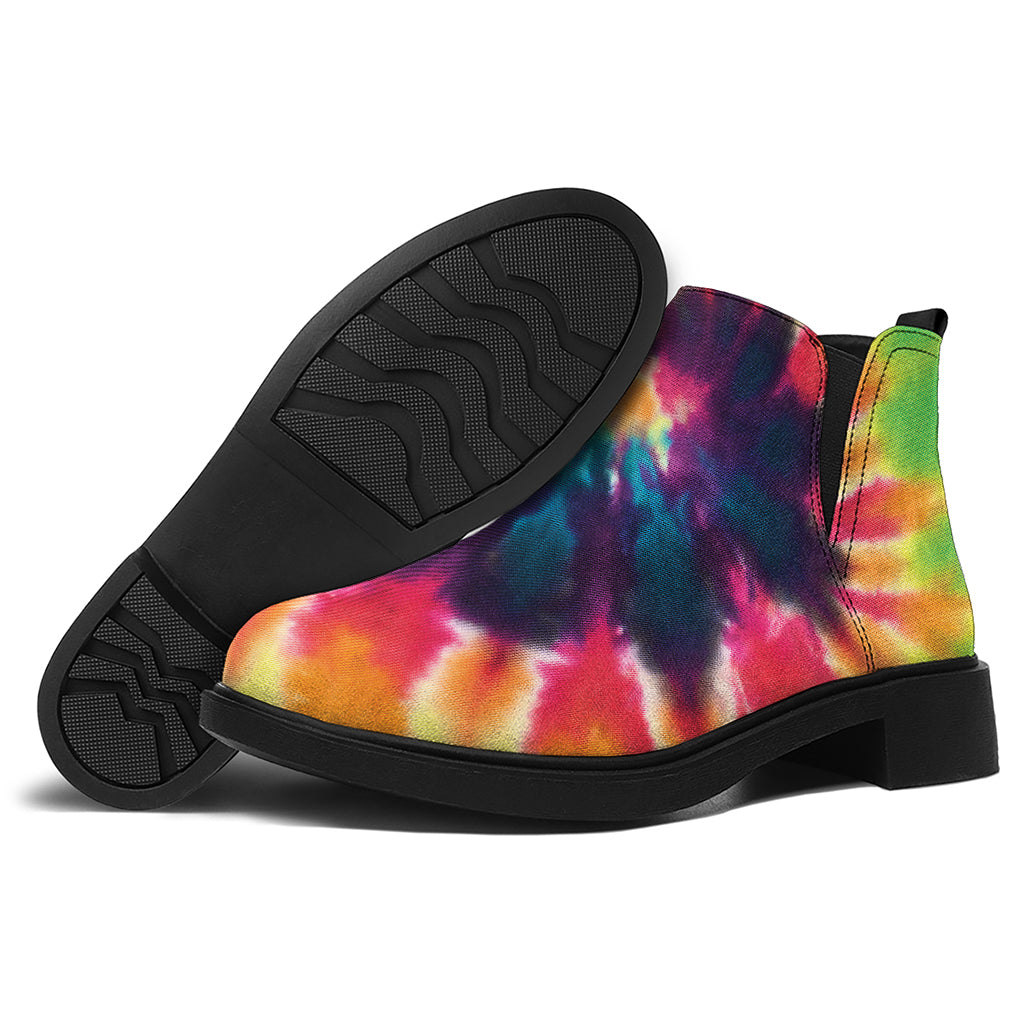 Black And Rainbow Tie Dye Print Flat Ankle Boots