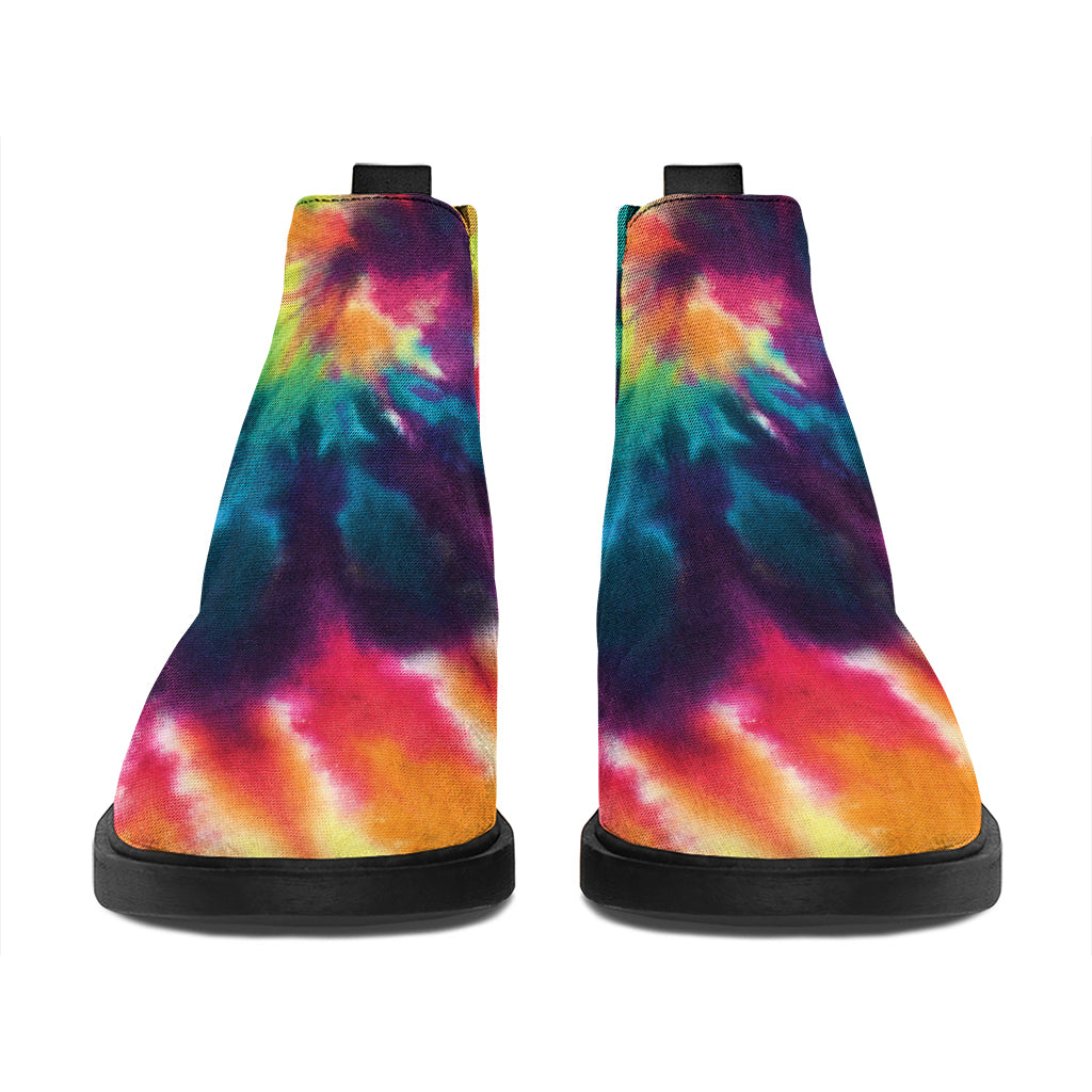 Black And Rainbow Tie Dye Print Flat Ankle Boots