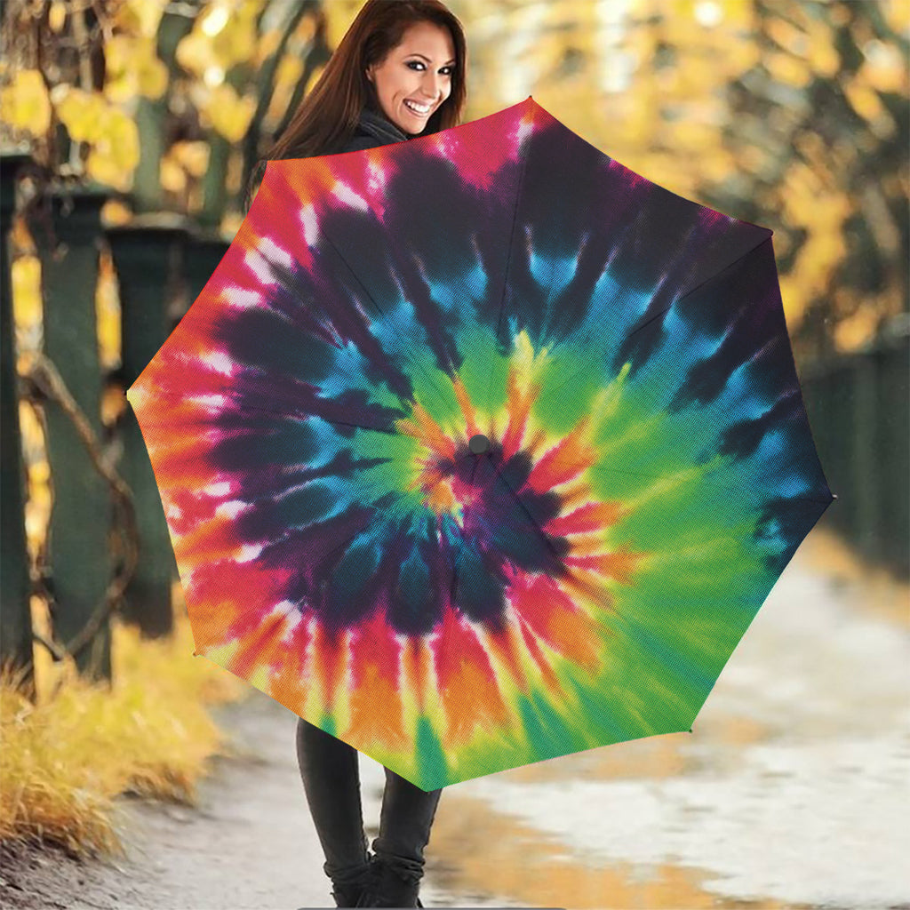 Black And Rainbow Tie Dye Print Foldable Umbrella