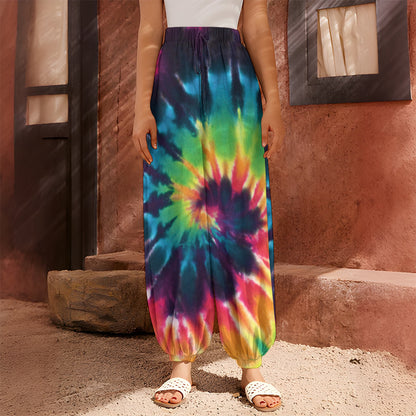 Black And Rainbow Tie Dye Print Harem Pants