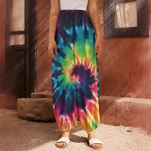 Black And Rainbow Tie Dye Print Harem Pants