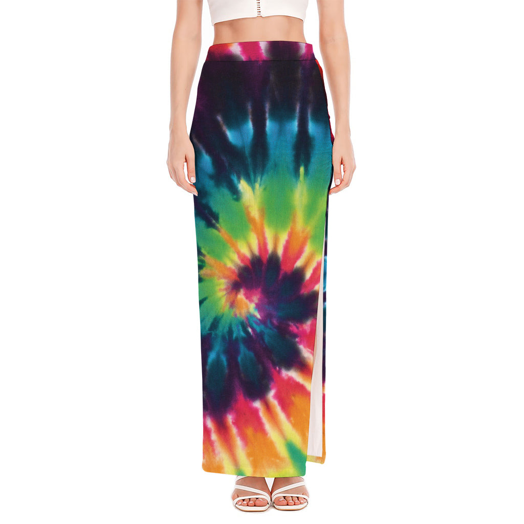 Black And Rainbow Tie Dye Print High Slit Maxi Skirt