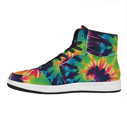 Black And Rainbow Tie Dye Print High Top Leather Sneakers