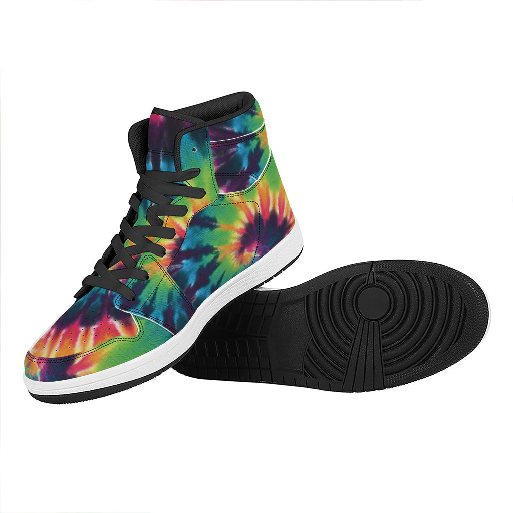 Black And Rainbow Tie Dye Print High Top Leather Sneakers