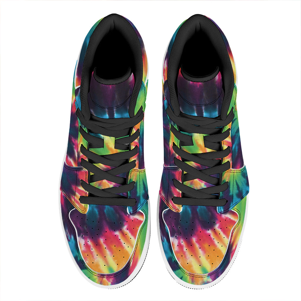 Black And Rainbow Tie Dye Print High Top Leather Sneakers