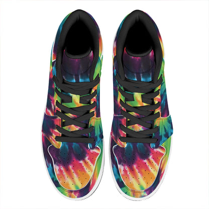 Black And Rainbow Tie Dye Print High Top Leather Sneakers