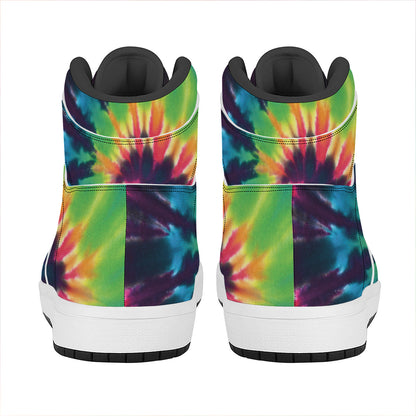 Black And Rainbow Tie Dye Print High Top Leather Sneakers