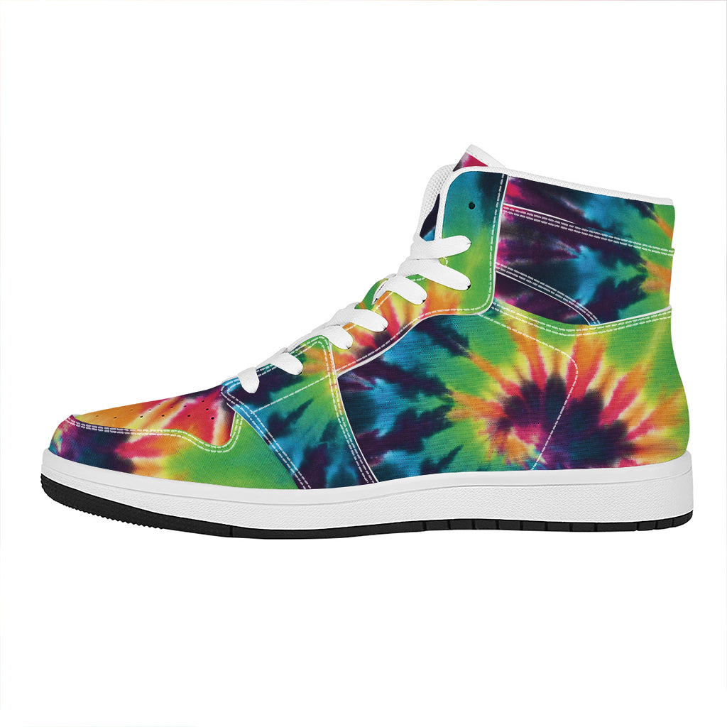 Black And Rainbow Tie Dye Print High Top Leather Sneakers
