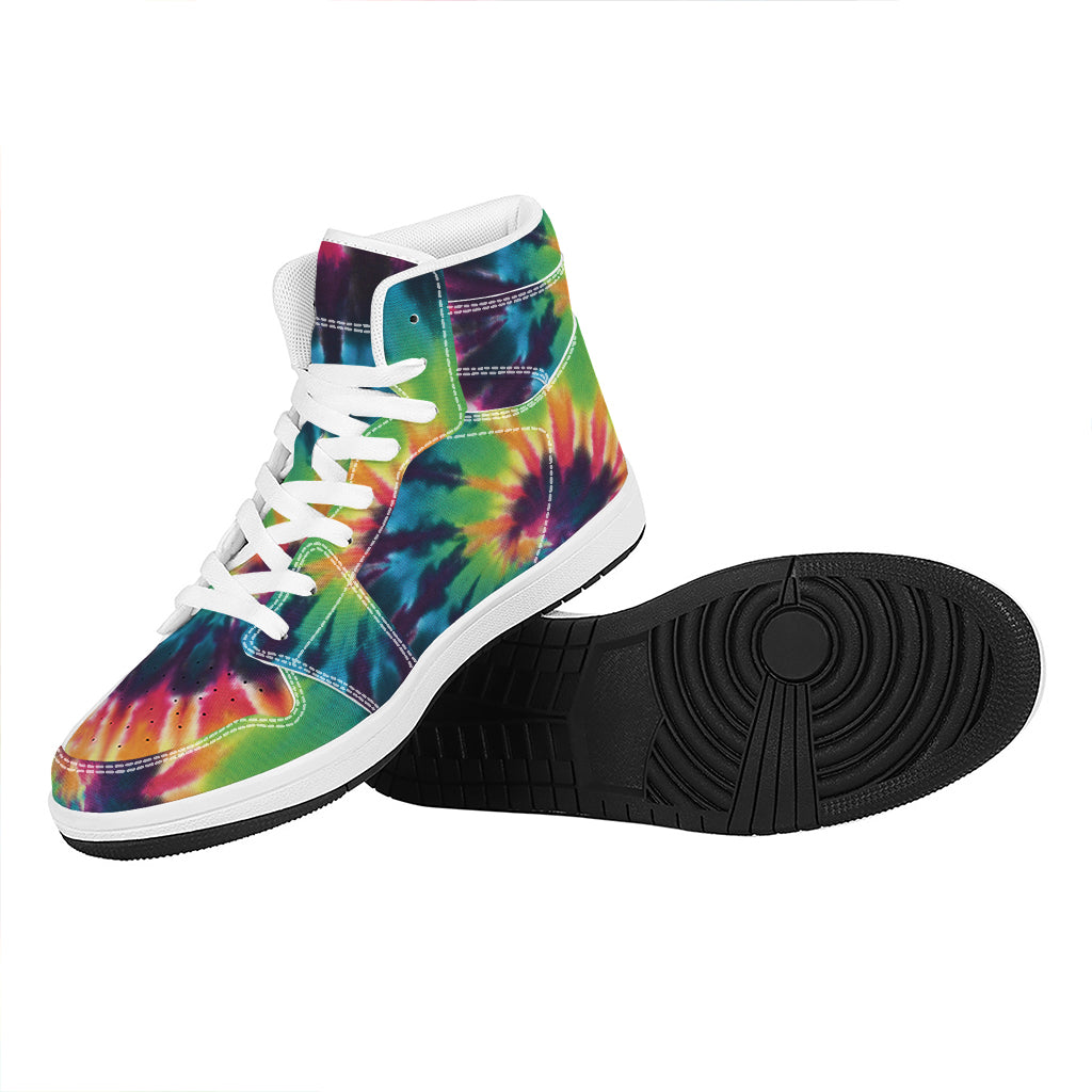 Black And Rainbow Tie Dye Print High Top Leather Sneakers