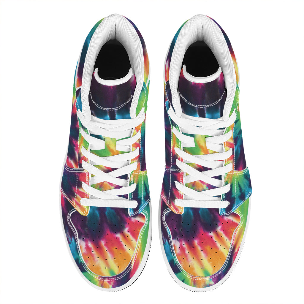 Black And Rainbow Tie Dye Print High Top Leather Sneakers