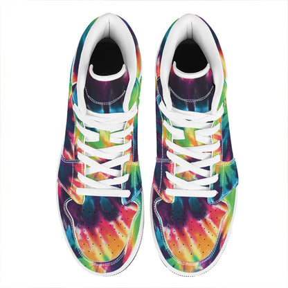 Black And Rainbow Tie Dye Print High Top Leather Sneakers