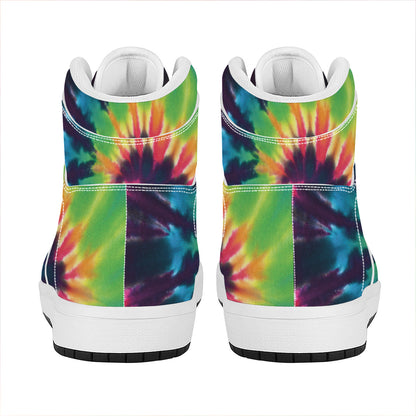 Black And Rainbow Tie Dye Print High Top Leather Sneakers