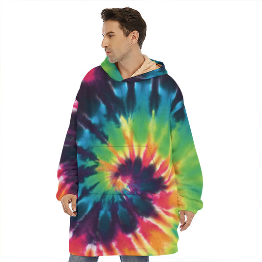 Black And Rainbow Tie Dye Print Hoodie Blanket