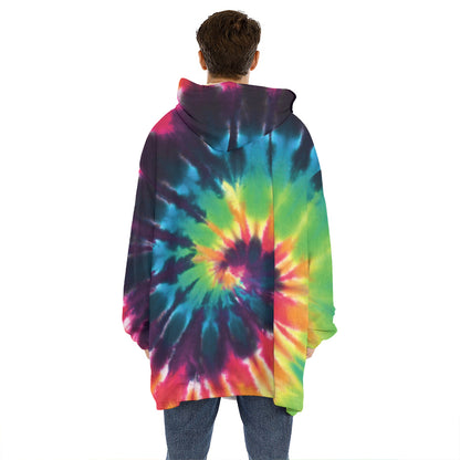 Black And Rainbow Tie Dye Print Hoodie Blanket