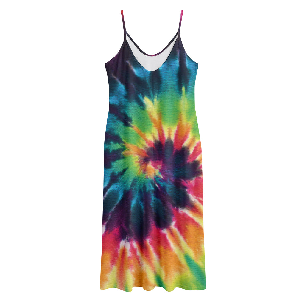 Black And Rainbow Tie Dye Print Jersey Midi Cami Dress