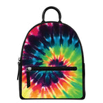 Black And Rainbow Tie Dye Print Leather Backpack