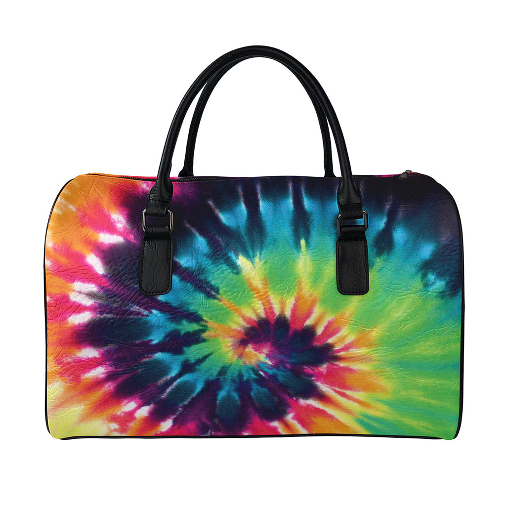 Black And Rainbow Tie Dye Print Leather Duffle Bag