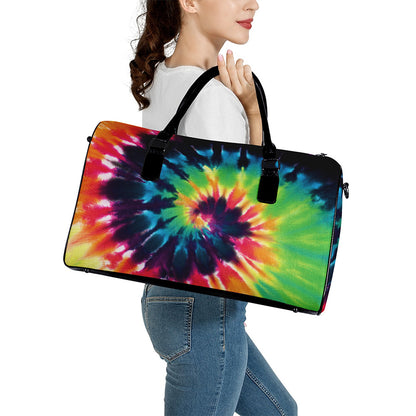 Black And Rainbow Tie Dye Print Leather Duffle Bag