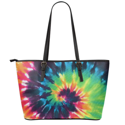 Black And Rainbow Tie Dye Print Leather Tote Bag