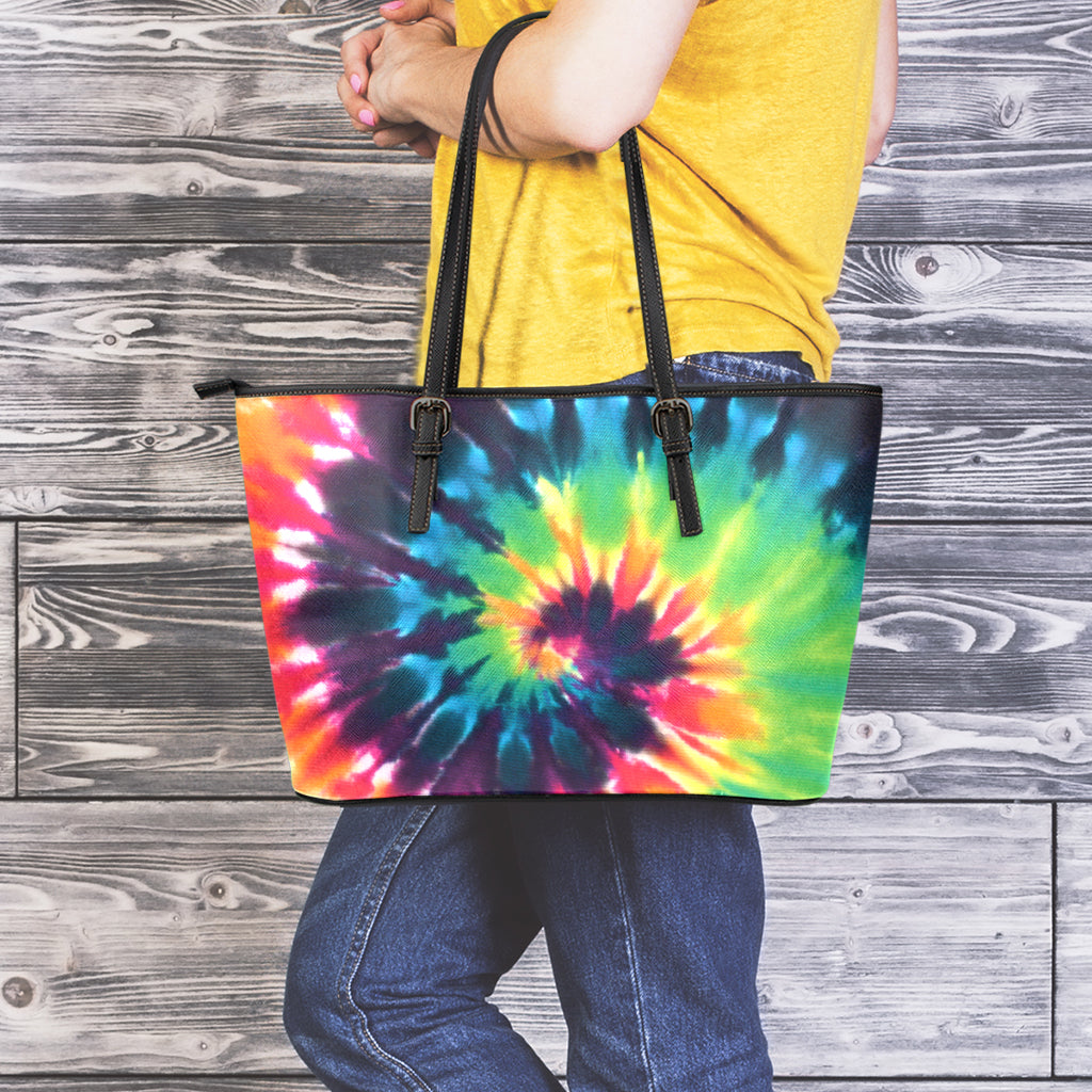 Black And Rainbow Tie Dye Print Leather Tote Bag