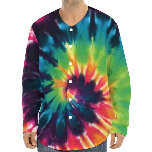 Black And Rainbow Tie Dye Print Long Sleeve Baseball Jersey