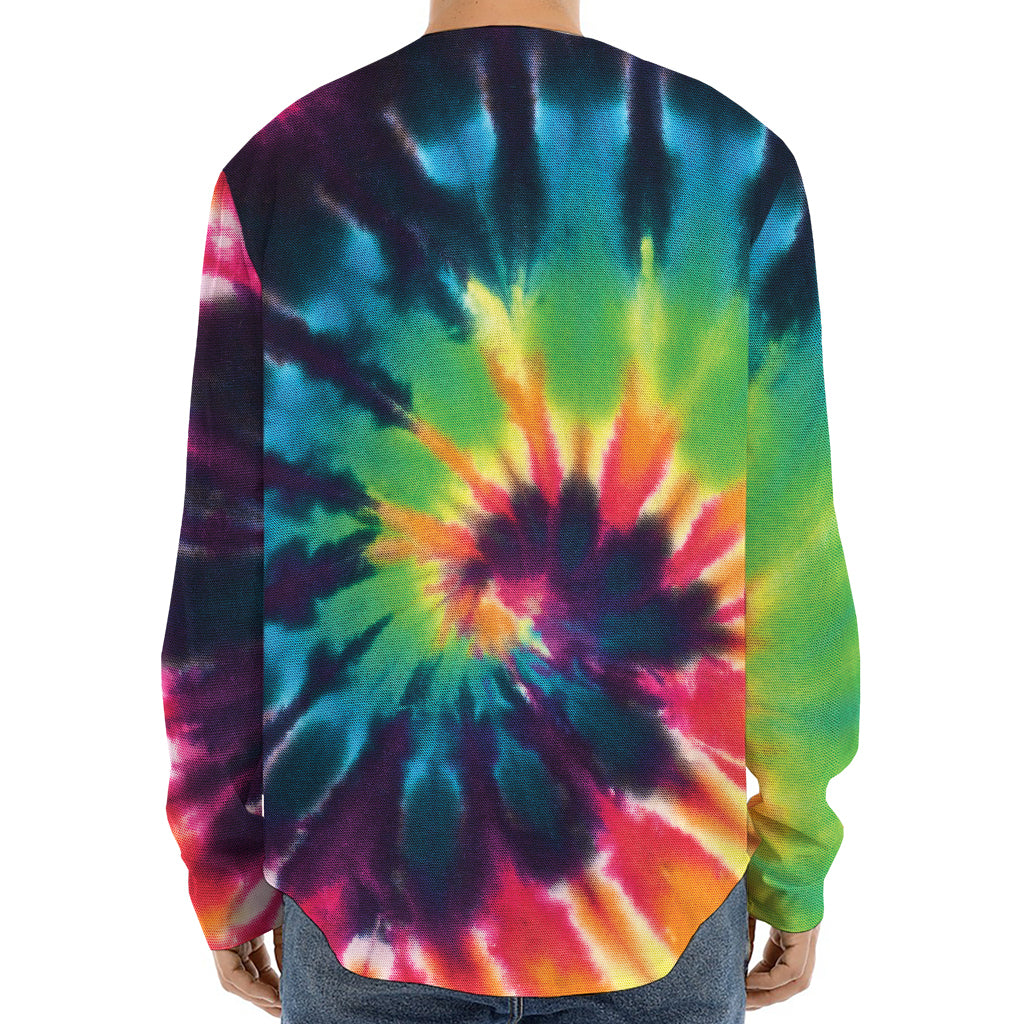 Black And Rainbow Tie Dye Print Long Sleeve Baseball Jersey