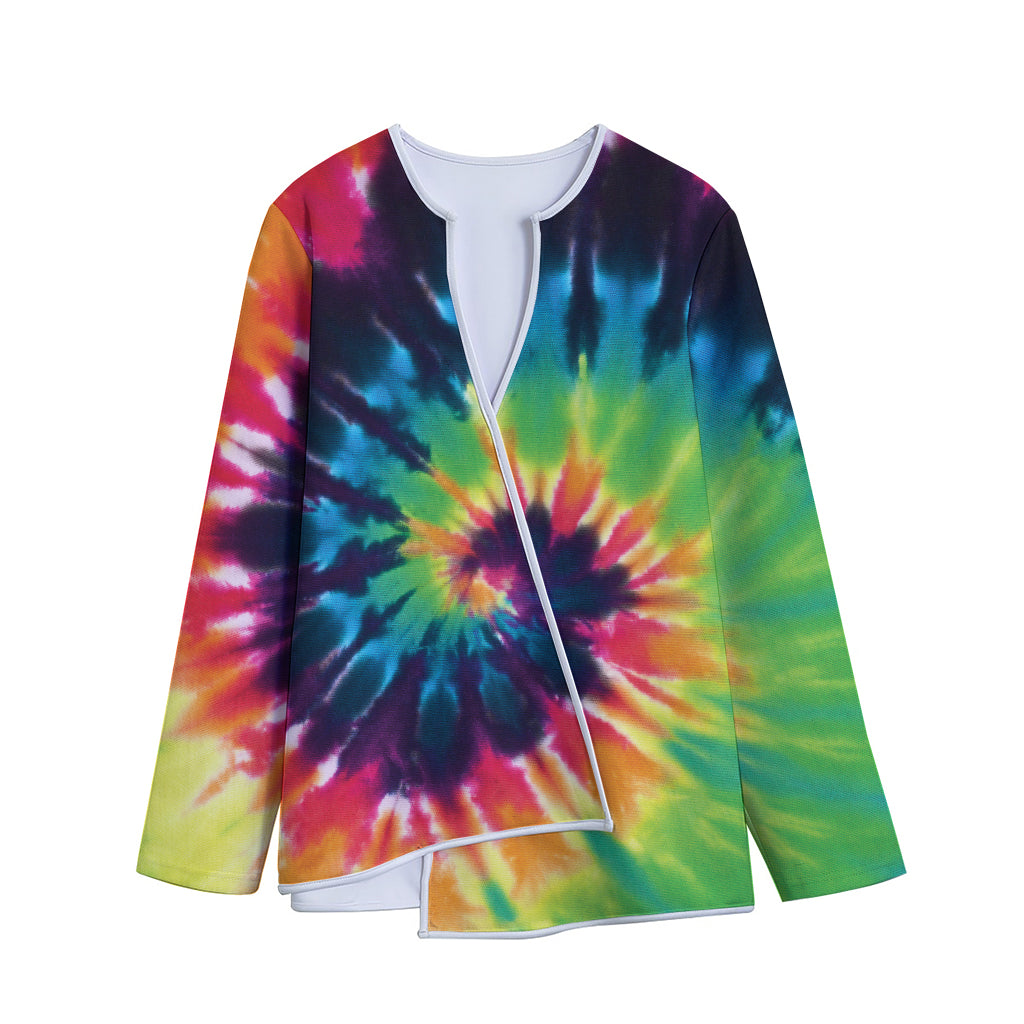 Black And Rainbow Tie Dye Print Long Sleeve Short Coat
