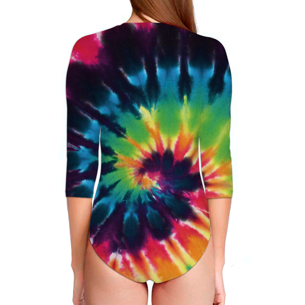 Black And Rainbow Tie Dye Print Long Sleeve Swimsuit