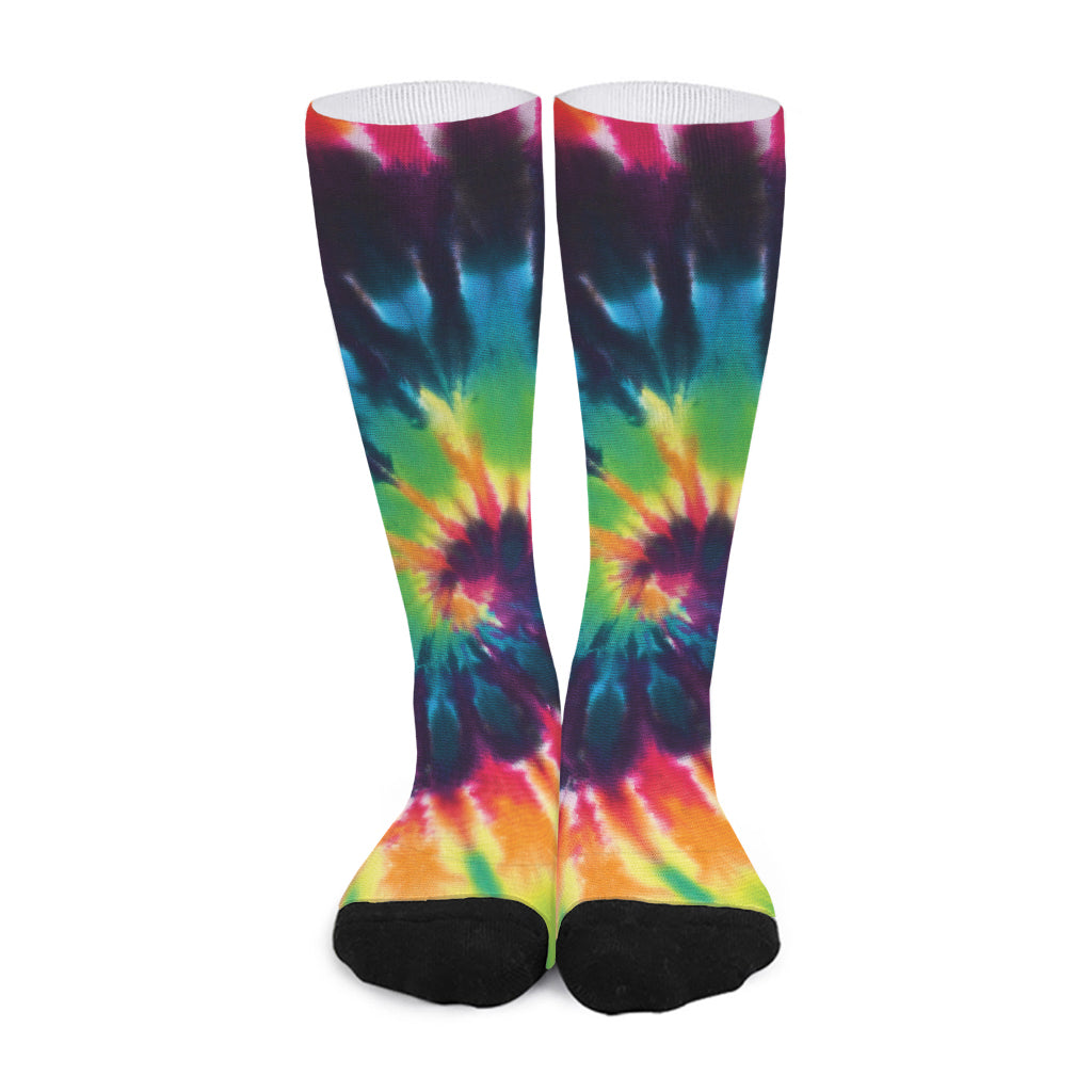 Black And Rainbow Tie Dye Print Long Socks