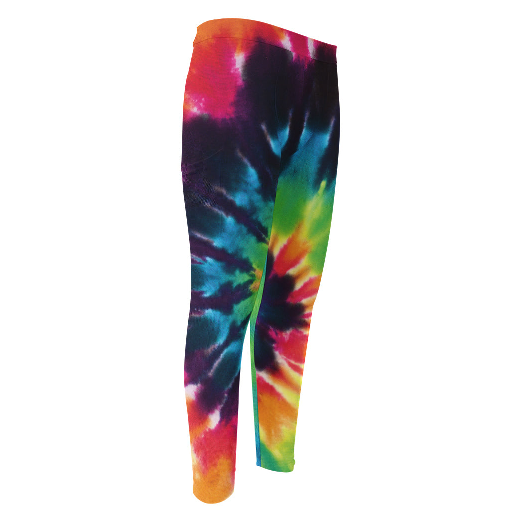 Black And Rainbow Tie Dye Print Men's Compression Pants