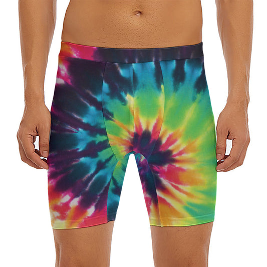 Black And Rainbow Tie Dye Print Men's Long Boxer Briefs