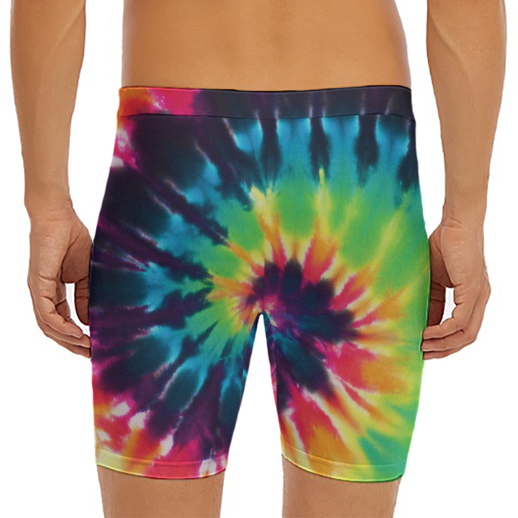 Black And Rainbow Tie Dye Print Men's Long Boxer Briefs