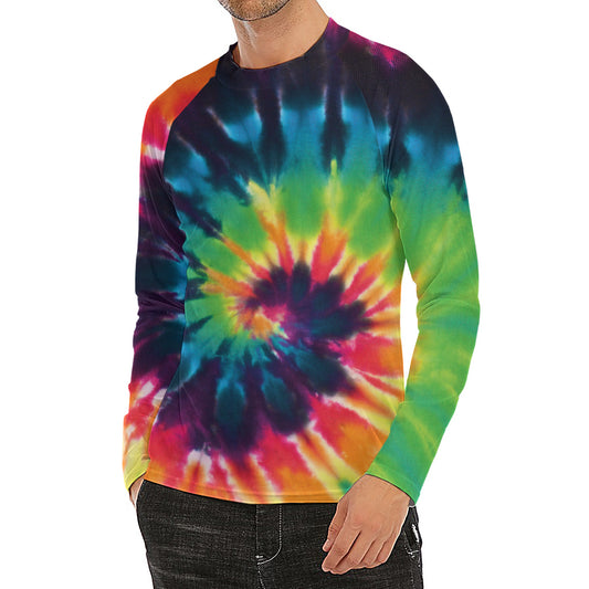 Black And Rainbow Tie Dye Print Men's Long Sleeve Rash Guard