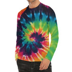 Black And Rainbow Tie Dye Print Men's Long Sleeve Rash Guard
