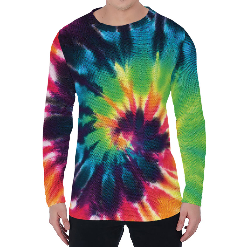 Black And Rainbow Tie Dye Print Men's Long Sleeve T-Shirt