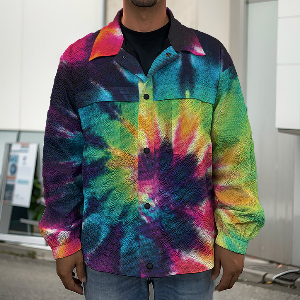 Black And Rainbow Tie Dye Print Men's Shirt Jacket