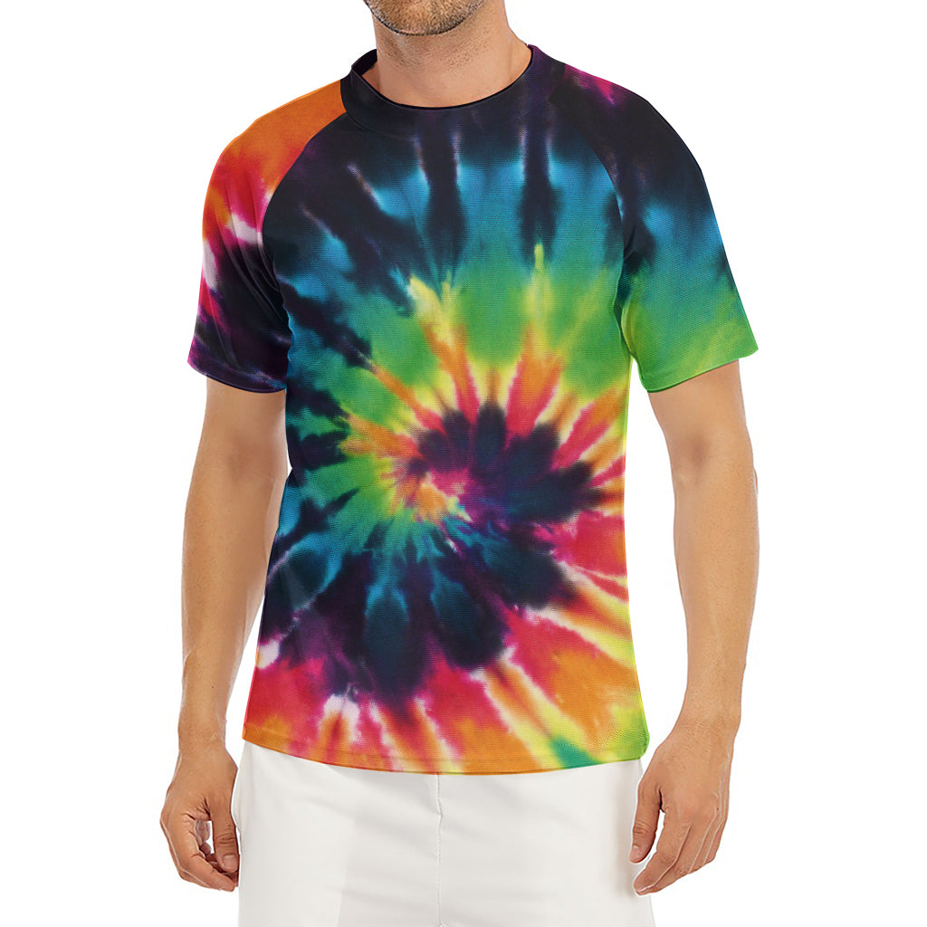 Black And Rainbow Tie Dye Print Men's Short Sleeve Rash Guard