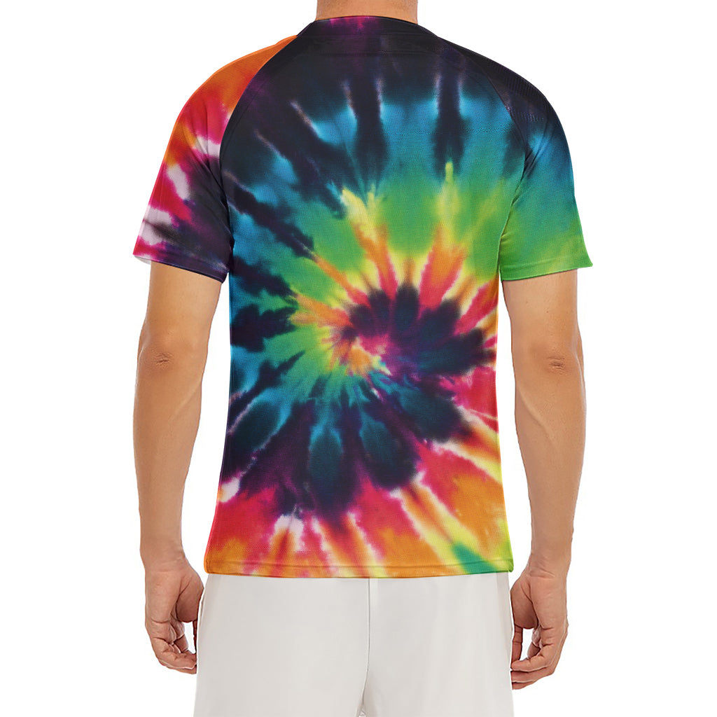 Black And Rainbow Tie Dye Print Men's Short Sleeve Rash Guard