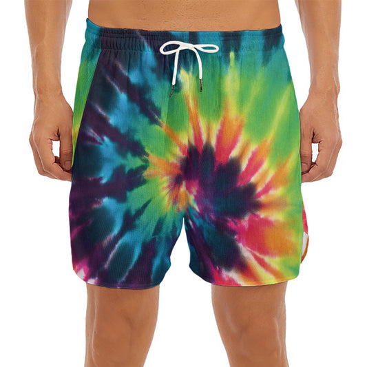 Black And Rainbow Tie Dye Print Men's Split Running Shorts