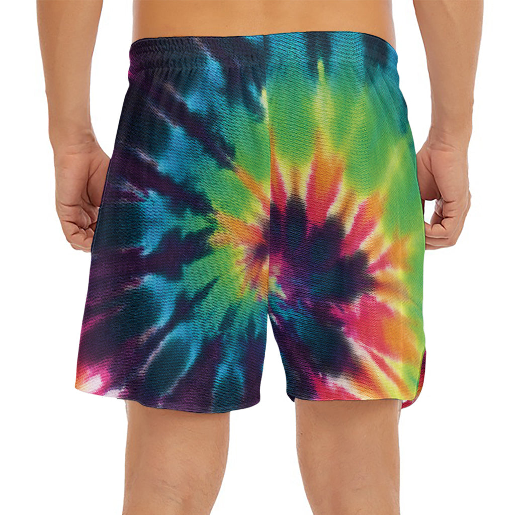Black And Rainbow Tie Dye Print Men's Split Running Shorts