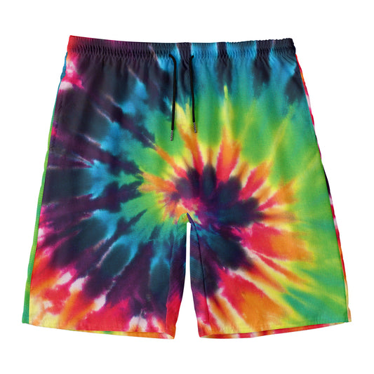 Black And Rainbow Tie Dye Print Men's Swim Trunks