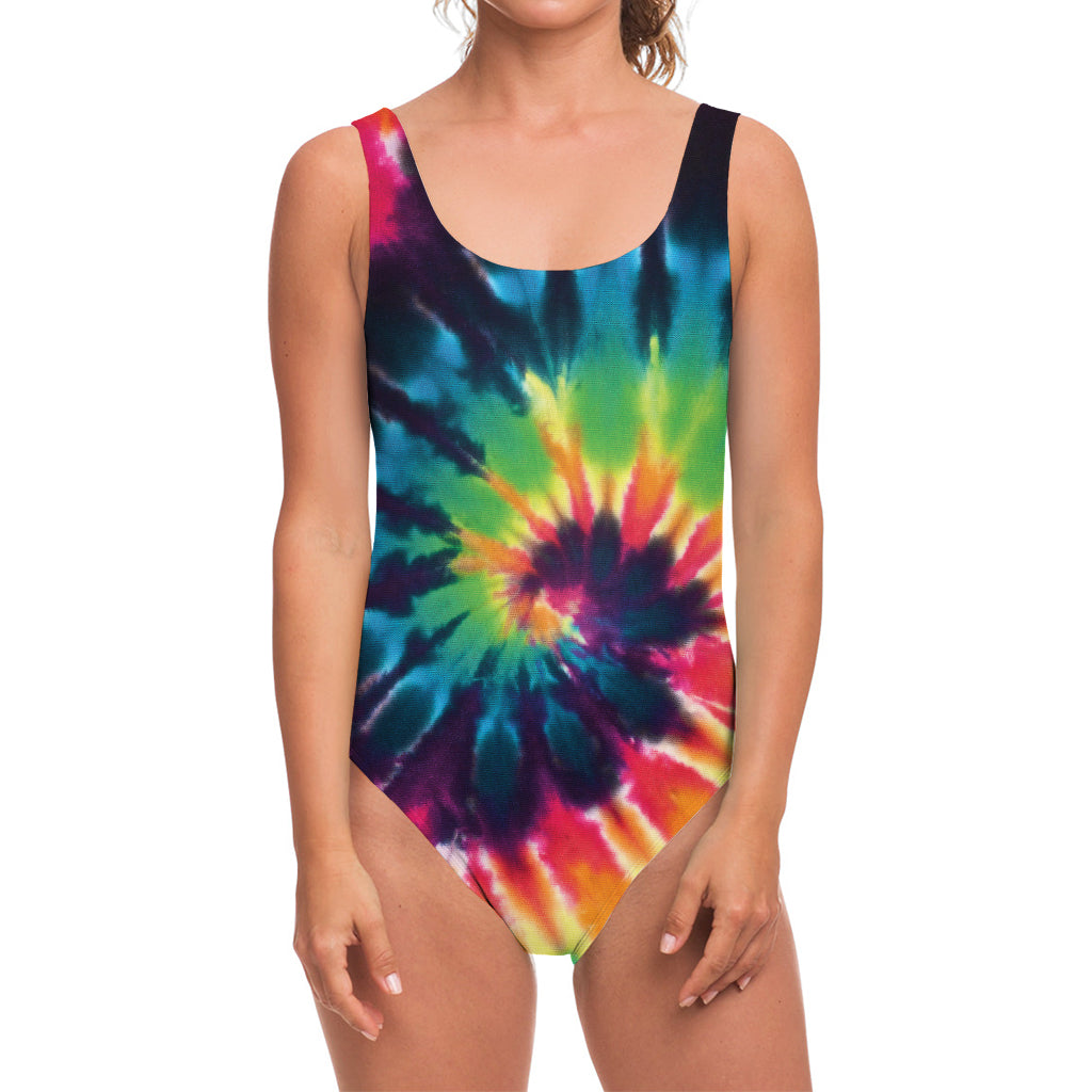 Black And Rainbow Tie Dye Print One Piece Swimsuit