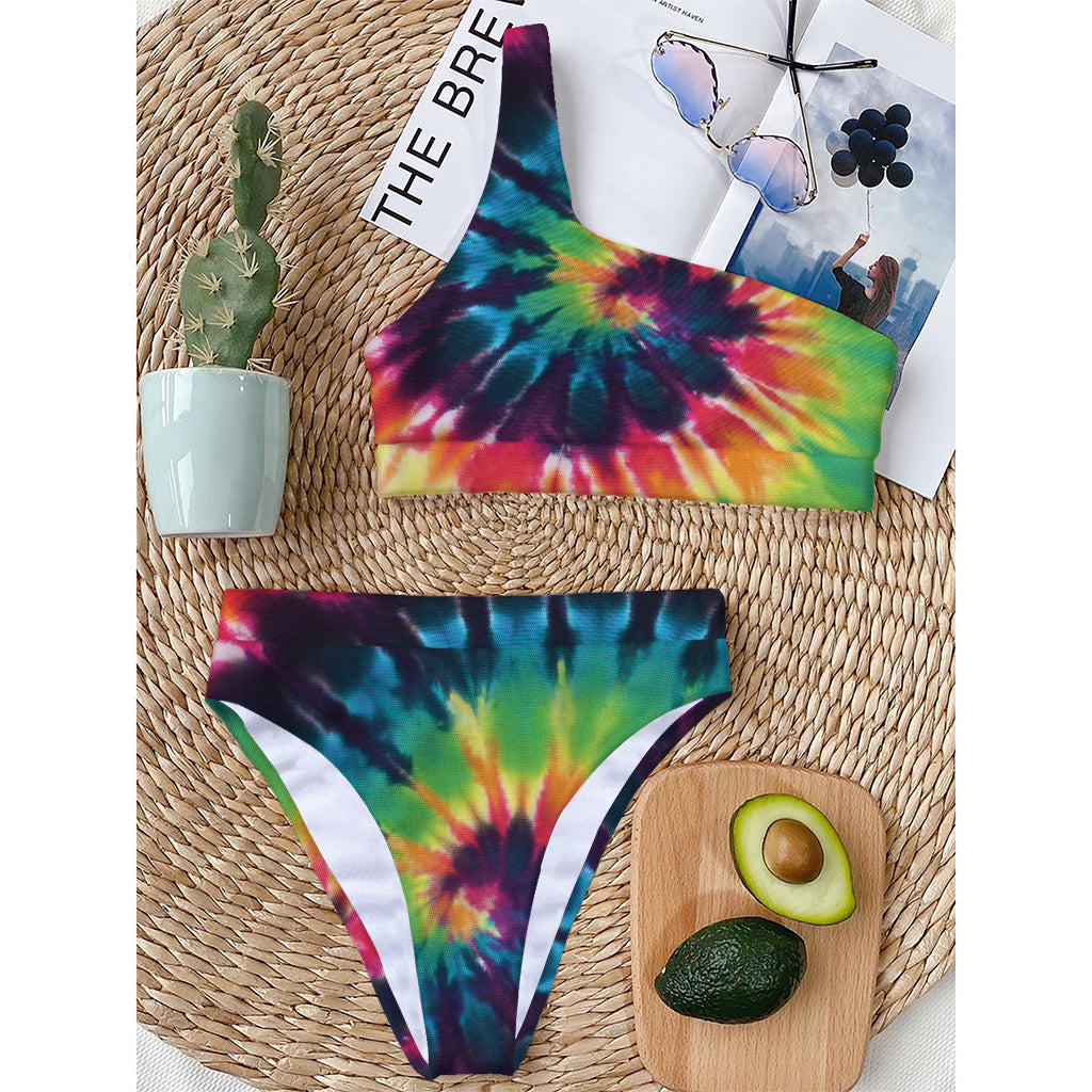 Black And Rainbow Tie Dye Print One Shoulder Bikini Top