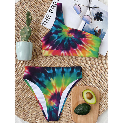 Black And Rainbow Tie Dye Print One Shoulder Bikini Top